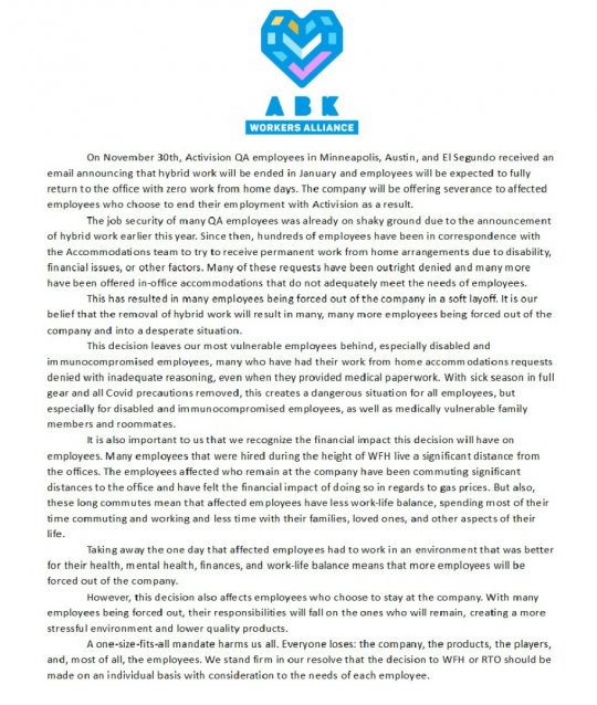 ABK工人联盟反对动视暴雪一刀切地恢复返回公司办公计划(图3)